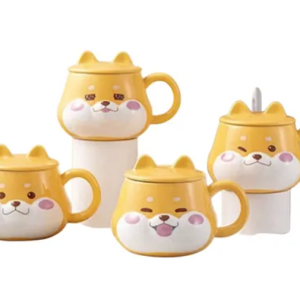 Taza Shiba Inu Kawaii Set Cerámica 420ml + Tapa+cuchara